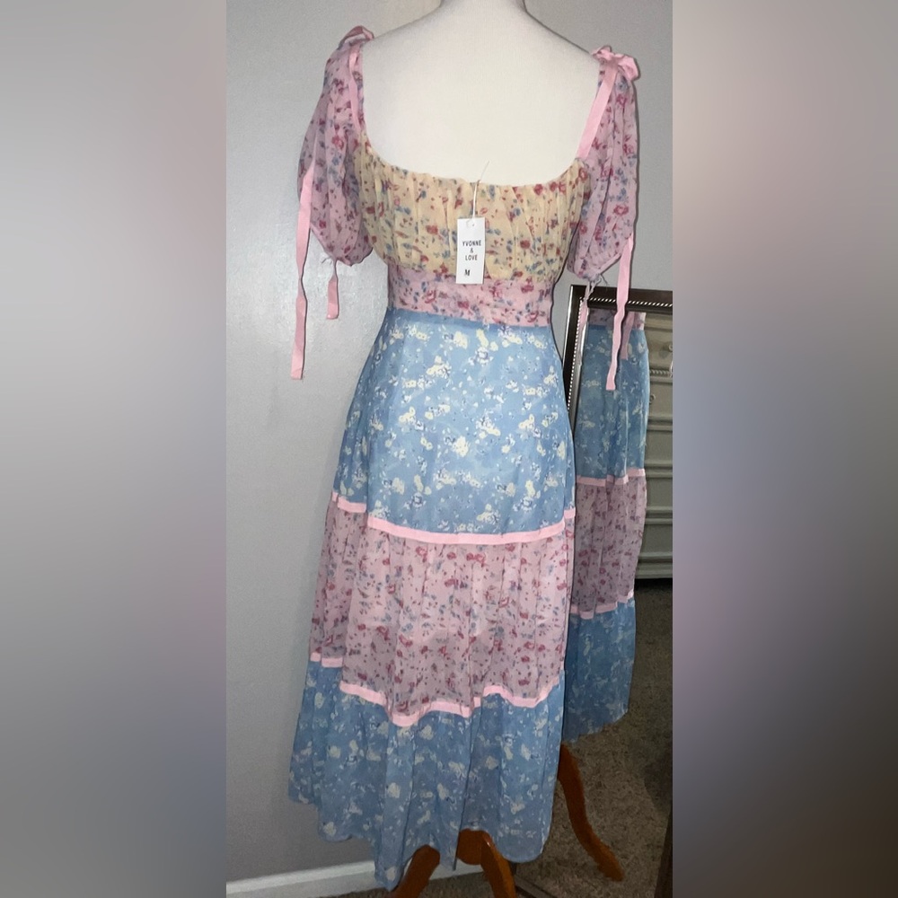 Yvonne & Love rose jaune bleu fleurs manches bouffantes maxi boho (taille M) - Picture 14 of 17